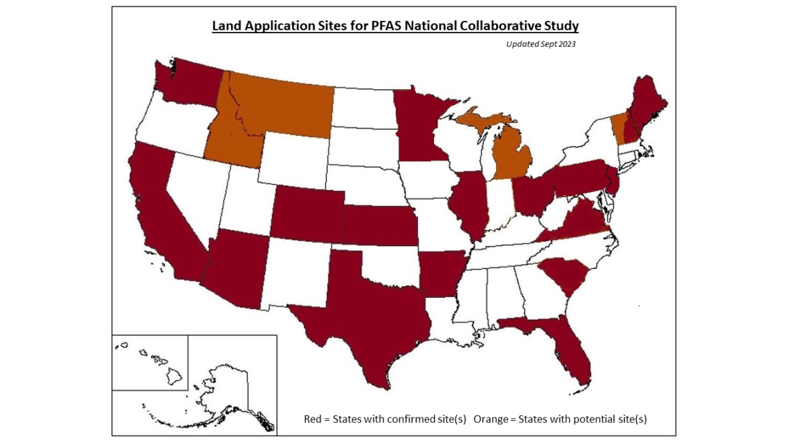 Map showcasing the states with land application sites relating to this study