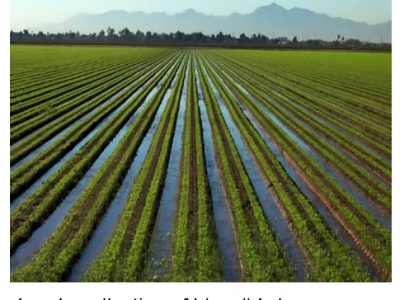 Photo of a field with caption that reads: Land application of biosolids has proven outcomes as an organic fertilizer