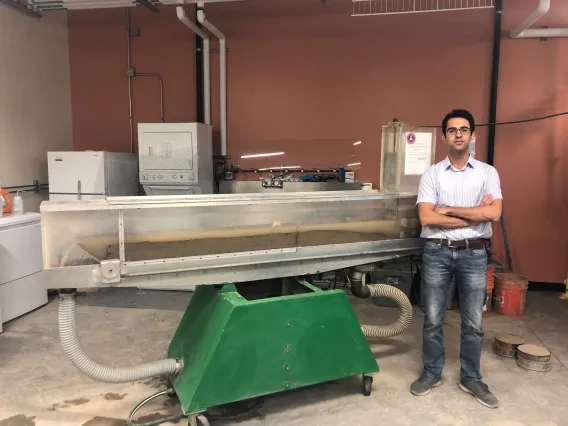 Erfan Tousi with sediment flume at WEST Center