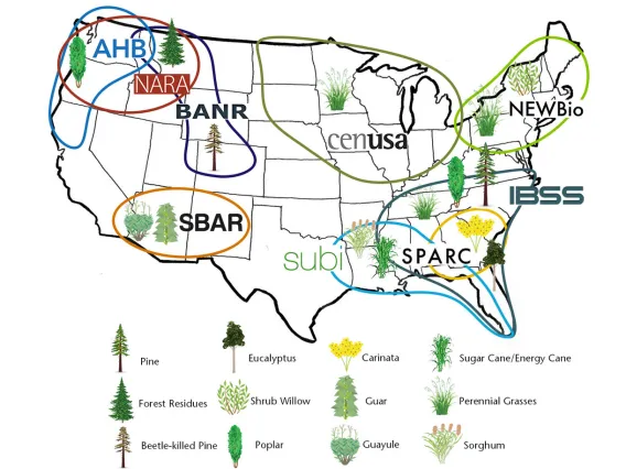 Regional map of the US with locations for SBAR and other organizations