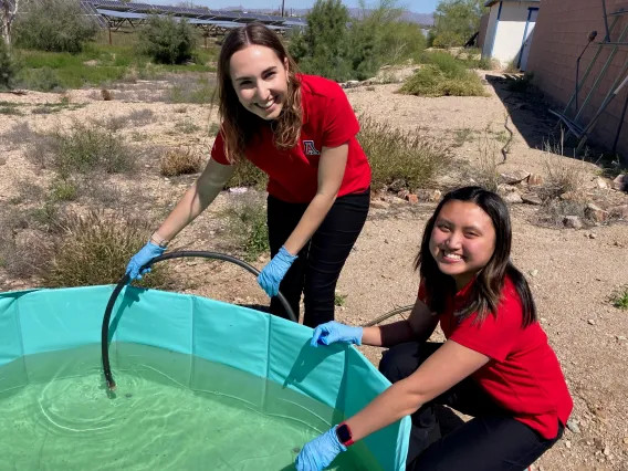 Researchers filling experiment pool