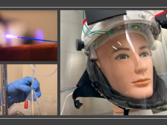 Collage of facemask, light source, and catheter tubing