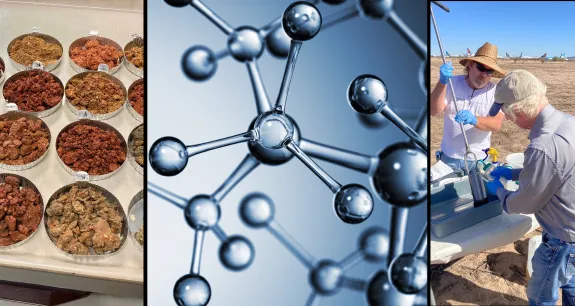 Collage showing soil samples, PFAS molecules, and researchers gathering samples in the field.