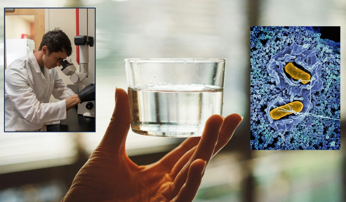 Combined photo of a lab tech looking in a microscope, water glass, and microbes.