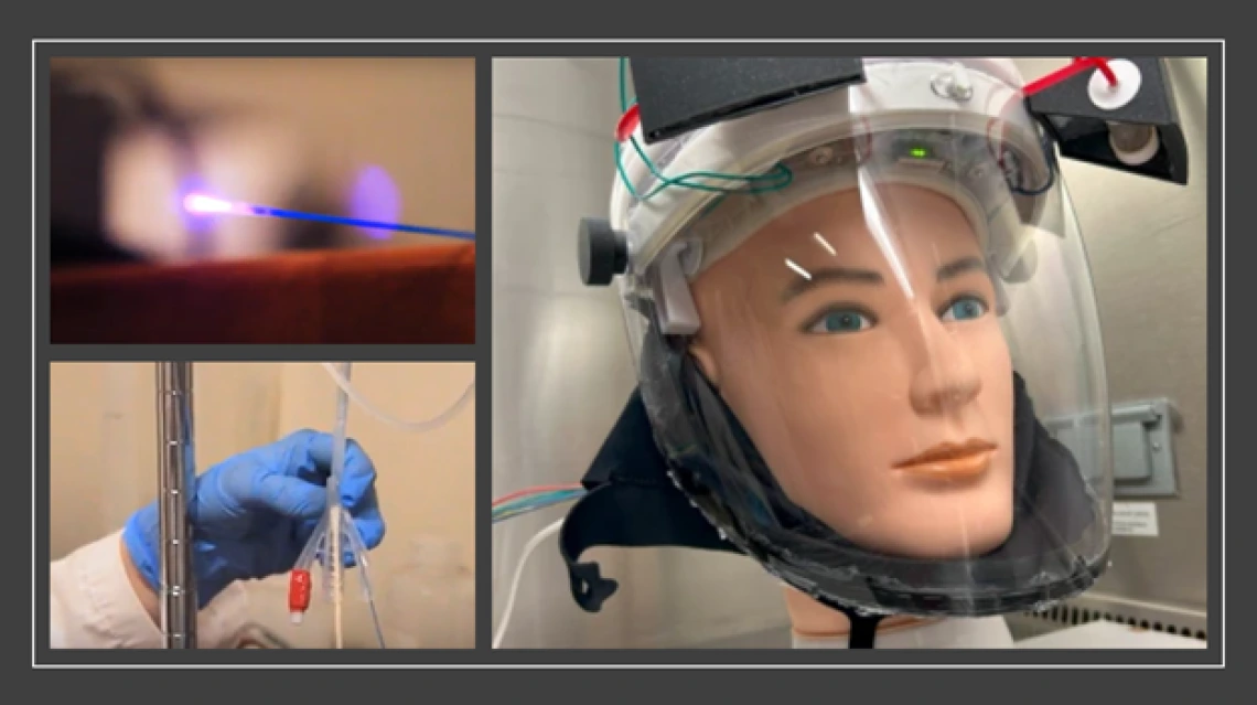 Collage of facemask, light source, and catheter tubing