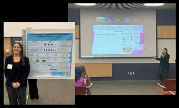 Student standing with scientific poster and presenting to a group.