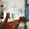 Combined photo of a lab tech looking in a microscope, water glass, and microbes.