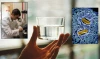 Combined photo of a lab tech looking in a microscope, water glass, and microbes.